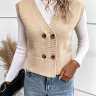WW | Stilvolle Herbst Klassische Knopfverschluss V-Hals Pullover Weste Für Frauen
