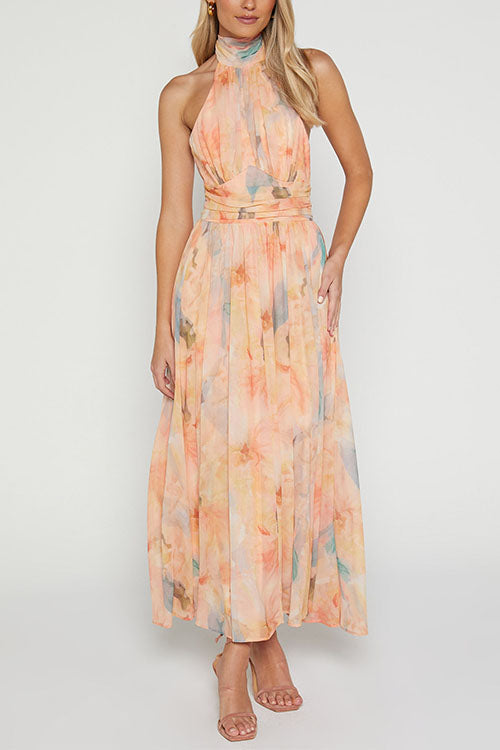 WW | Halter Bow Neck Backless Beck Print Swing Maxi Kleid