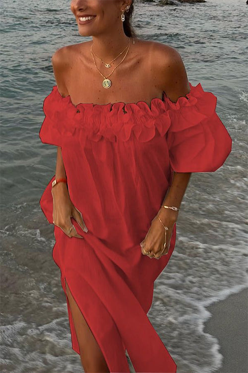 WW | Rosiedress Off Shoulder Rüsche Trim Schlitz Baumwolle Leinen Maxi Urlaub Kleid