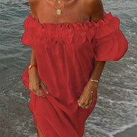 WW | Rosiedress Off Shoulder Rüsche Trim Schlitz Baumwolle Leinen Maxi Urlaub Kleid