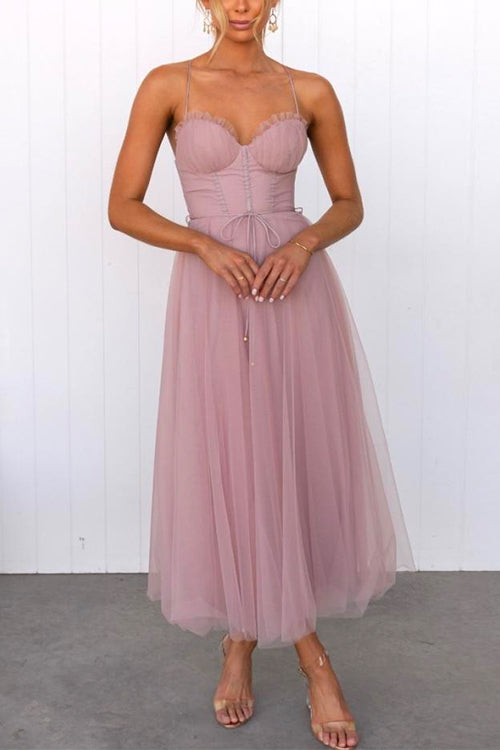 WW | Rosiedress Rückenausschnitt Bindegürtel Mesh Swing Maxi Spaghettiträger Kleid