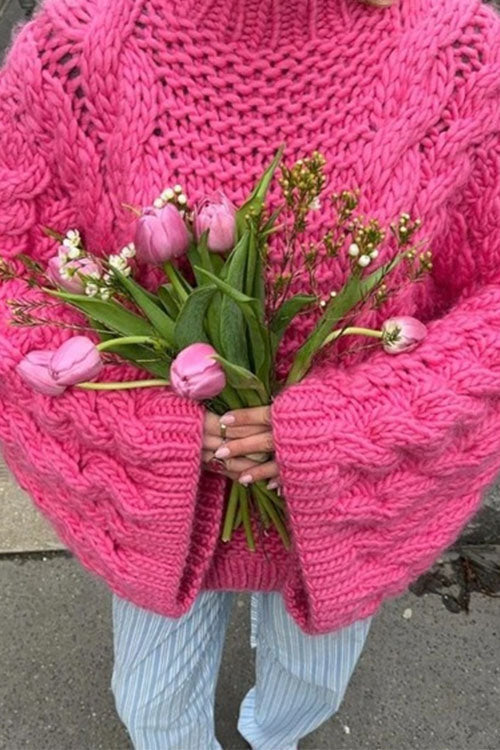 WW | Rosiedress Rundhals Übergroße Zopfmuster Pullover