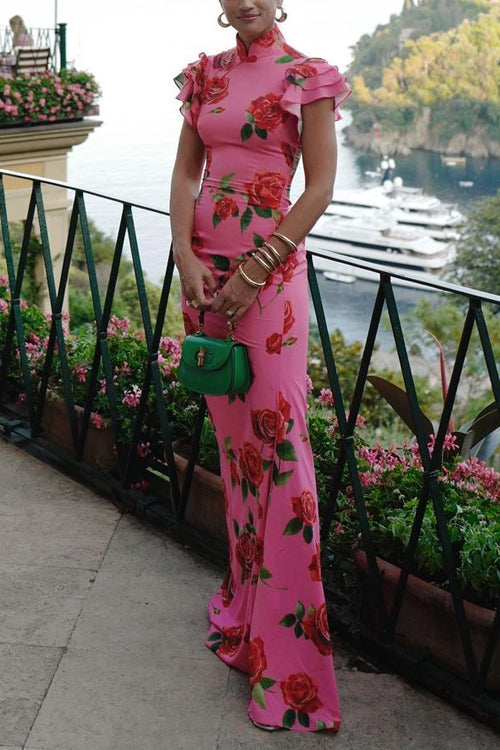 WW | Rüsch-Ärmeln Rosenmuster Maxi Cheongsam Kleid