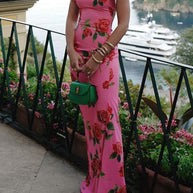 WW | Rüsch-Ärmeln Rosenmuster Maxi Cheongsam Kleid