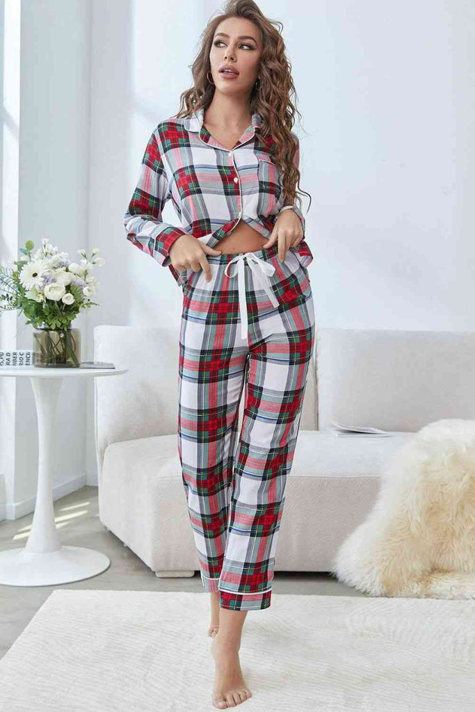 WW | Kariertes Button-Front-Oberteil und Hose Lounge-Set