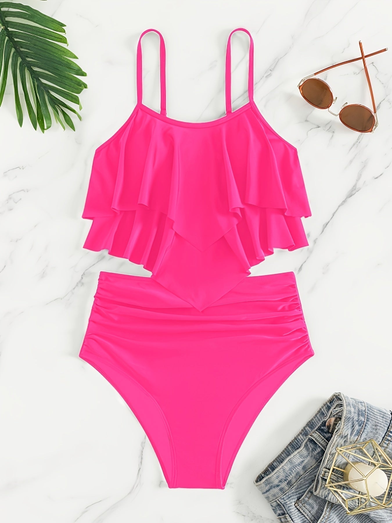 WW | Raffung, Geschichtete Zweiteiliges Schwarzes Tankini für Damen
