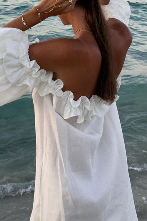 WW | Rosiedress Off Shoulder Rüsche Trim Schlitz Baumwolle Leinen Maxi Urlaub Kleid