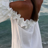 WW | Rosiedress Off Shoulder Rüsche Trim Schlitz Baumwolle Leinen Maxi Urlaub Kleid