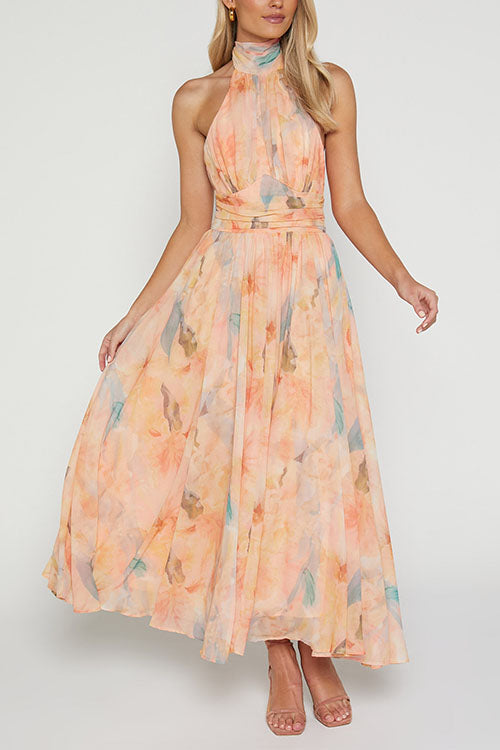 WW | Halter Bow Neck Backless Beck Print Swing Maxi Kleid