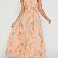 WW | Halter Bow Neck Backless Beck Print Swing Maxi Kleid