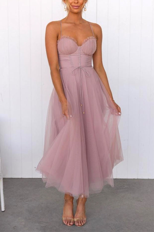 WW | Rosiedress Rückenausschnitt Bindegürtel Mesh Swing Maxi Spaghettiträger Kleid
