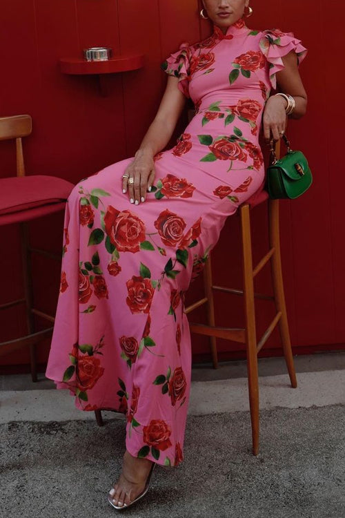WW | Rüsch-Ärmeln Rosenmuster Maxi Cheongsam Kleid