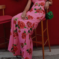 WW | Rüsch-Ärmeln Rosenmuster Maxi Cheongsam Kleid