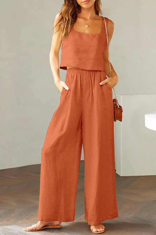 WW | Rosiedress Quadratischer Kragen Cami Crop Top Weite Bein Hose Baumwolle Leinen Set