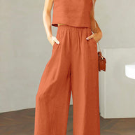 WW | Rosiedress Quadratischer Kragen Cami Crop Top Weite Bein Hose Baumwolle Leinen Set