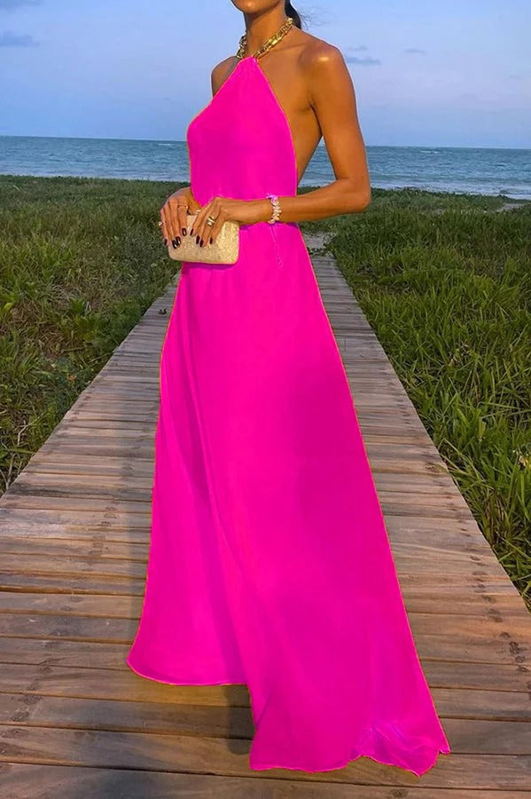WW | Sunny In Santorini Ketten-Halter Rückenfreies A-Linie Urlaub Maxi Kleid