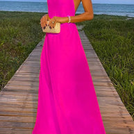 WW | Sunny In Santorini Ketten-Halter Rückenfreies A-Linie Urlaub Maxi Kleid