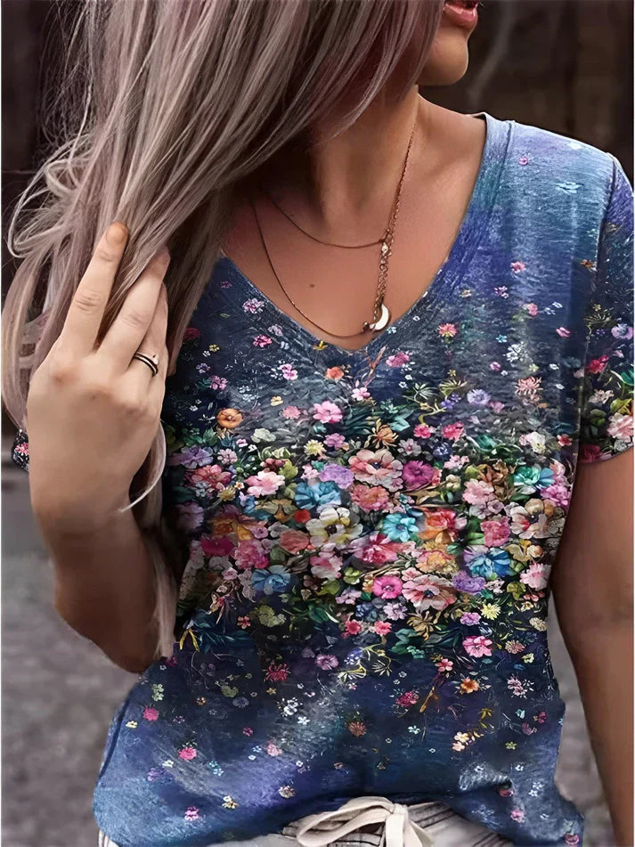 WW | Hals T-Shirt Bedruckt Mit Floraler Kunst