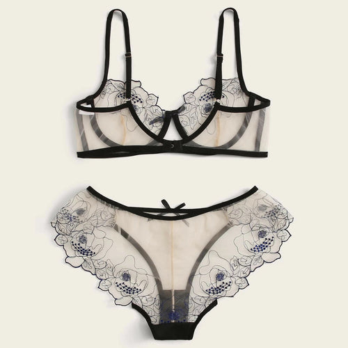 WW | Women's Mesh Stickerei Sheer Dessous Set