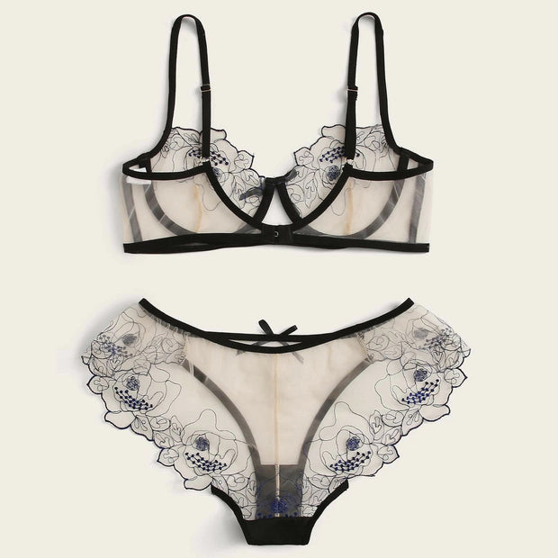 WW | Women's Mesh Stickerei Sheer Dessous Set