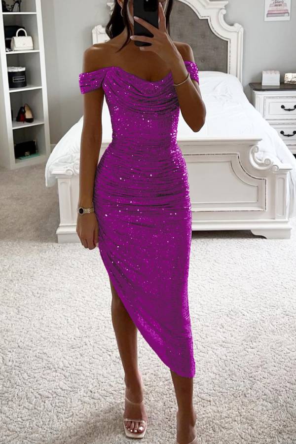 WW | Schalkragen-Pailletten-Midi-Kleid