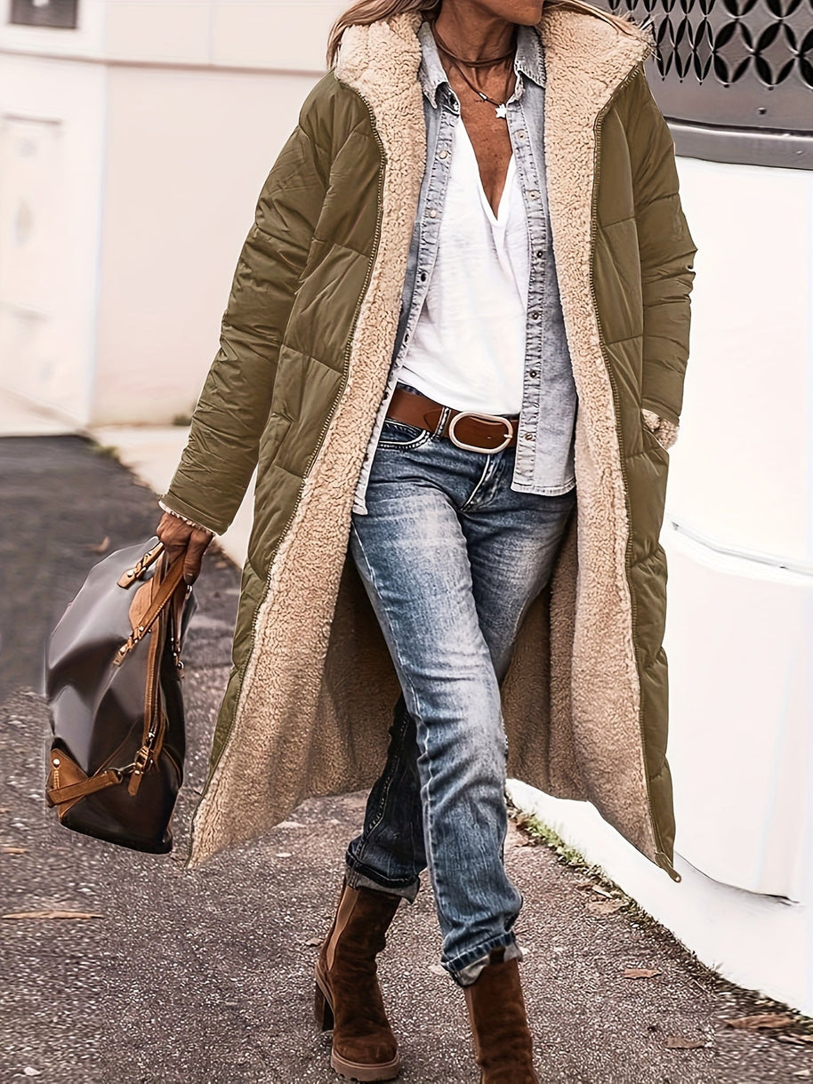 WW | Lange Elegante Gesteppte Damen Winterjacke Mit Futter Aus Fleece