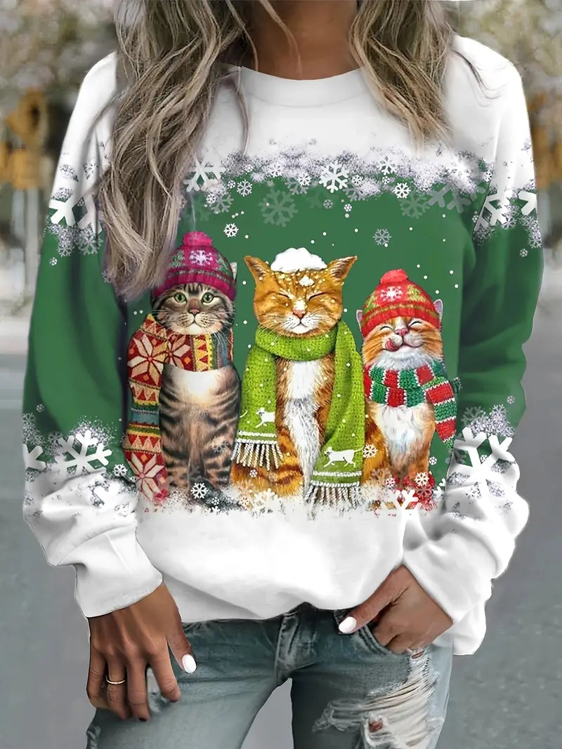 WW | Weihnachtspullover Mit Katzenaufdruck Für Damen