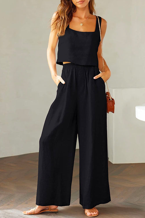 WW | Rosiedress Quadratischer Kragen Cami Crop Top Weite Bein Hose Baumwolle Leinen Set