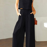 WW | Rosiedress Quadratischer Kragen Cami Crop Top Weite Bein Hose Baumwolle Leinen Set