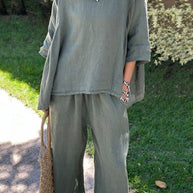 WW | Rosiedress Baumwolle Leinen 3/4 Ärmel Pullover Top Weite Hose Rüschen Saum Set