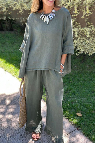 W&W Mode | Rosiedress Baumwolle Leinen 3/4 Ärmel Pullover Top Weite Hose Rüschen Saum Set