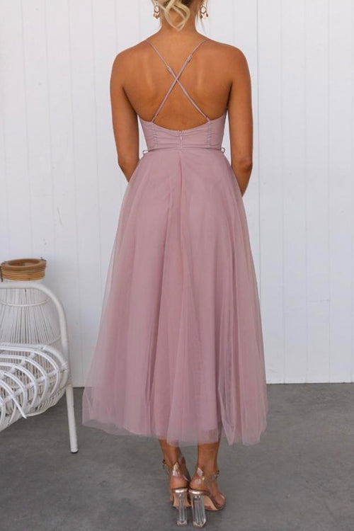 WW | Rosiedress Rückenausschnitt Bindegürtel Mesh Swing Maxi Spaghettiträger Kleid