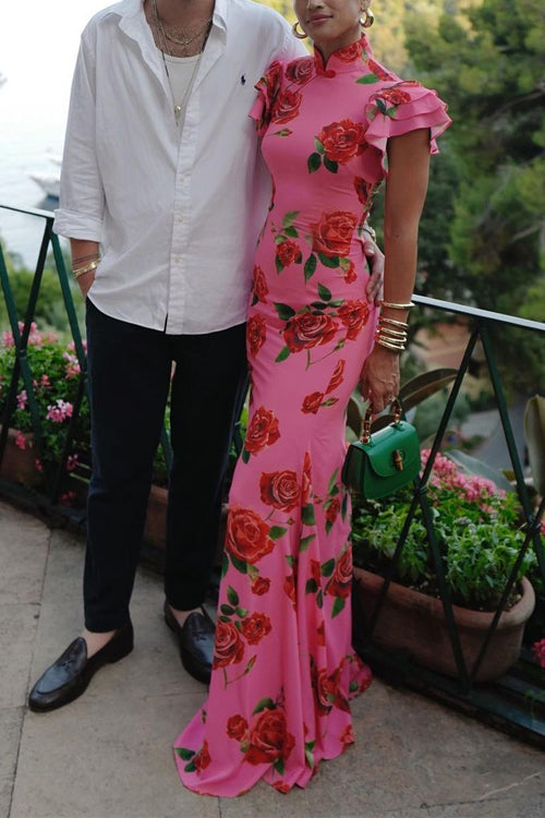WW | Rüsch-Ärmeln Rosenmuster Maxi Cheongsam Kleid