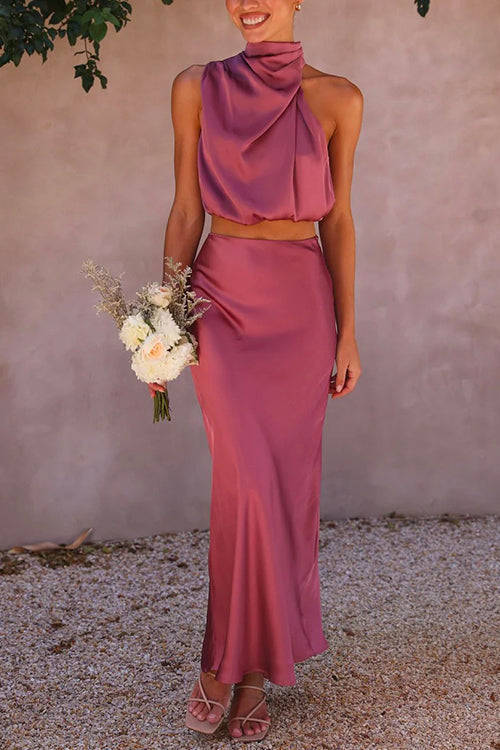 W&W Mode | Rosiedress Rollkragen ärmelloses Cropped Top Hochtaillierter Maxirock Satin Set