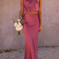 WW | Rosiedress Rollkragen ärmelloses Cropped Top Hochtaillierter Maxirock Satin Set