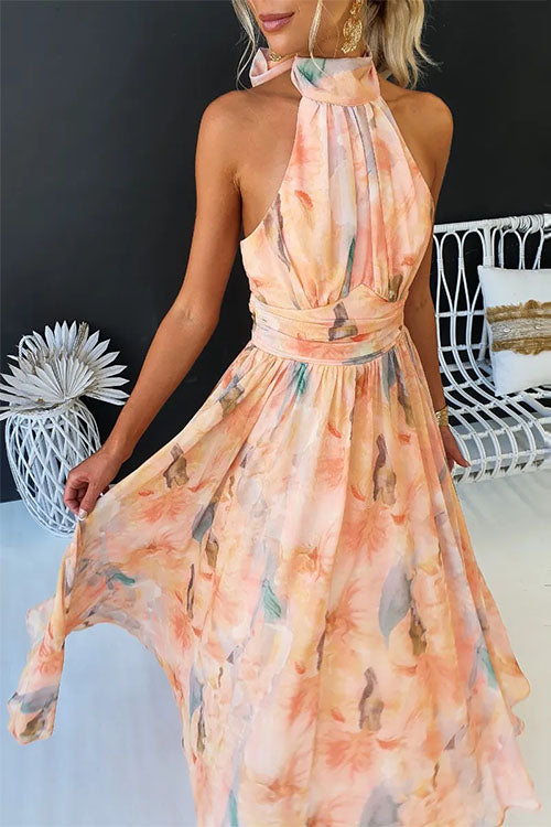 WW | Halter Bow Neck Backless Beck Print Swing Maxi Kleid