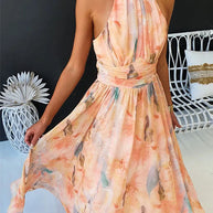 WW | Halter Bow Neck Backless Beck Print Swing Maxi Kleid