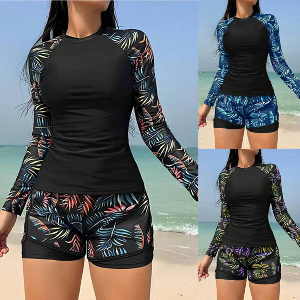 W&W | Langarm Print Spleißen Doppelhose Tankini Badeanzug
