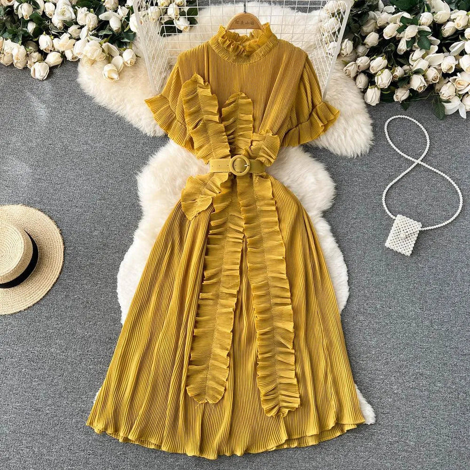 WW | Langarm Maxikleid mit plissierten Volants