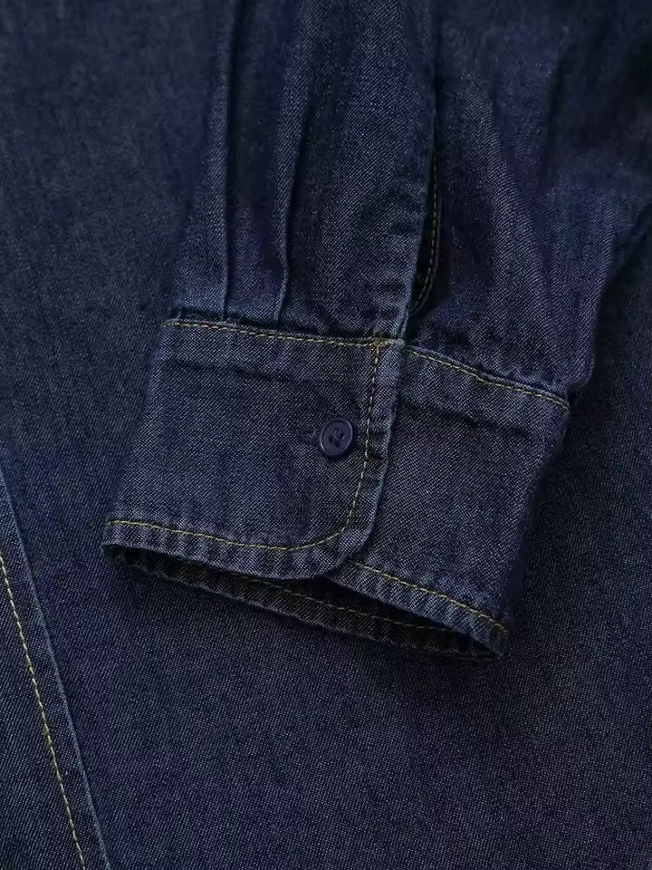 W&W Mode | Dunkle Denim Bluse Mit Schleifenkragen