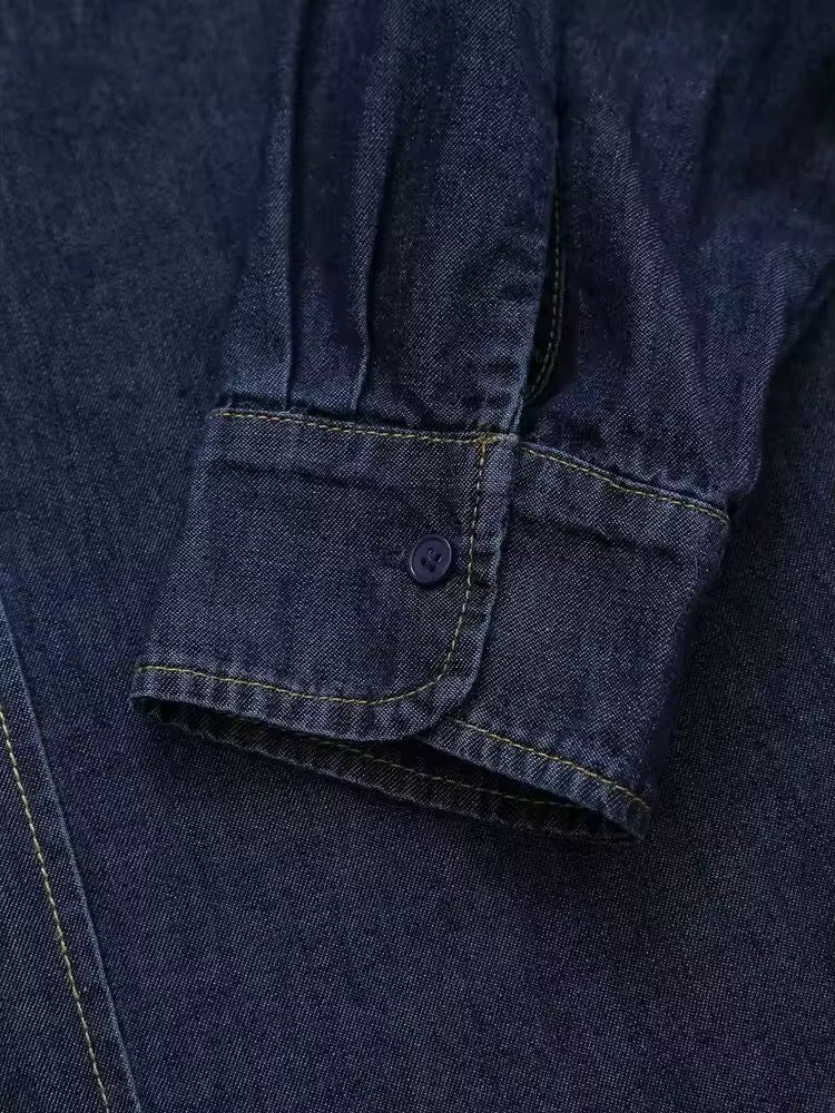 WW | Dunkle Denim Bluse Mit Schleifenkragen