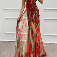 WW | Rosiedress Strapless Rose Detail Hoher Schlitz Bedrucktes Chiffon Maxi-Kleid