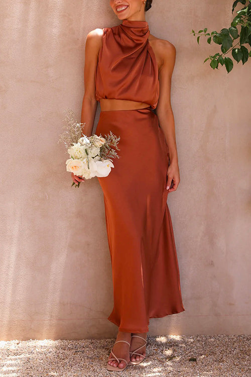 WW | Rosiedress Rollkragen ärmelloses Cropped Top Hochtaillierter Maxirock Satin Set