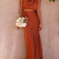 WW | Rosiedress Rollkragen ärmelloses Cropped Top Hochtaillierter Maxirock Satin Set