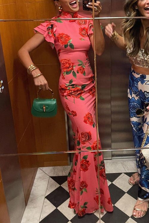 WW | Rüsch-Ärmeln Rosenmuster Maxi Cheongsam Kleid