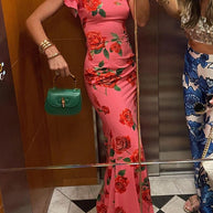 WW | Rüsch-Ärmeln Rosenmuster Maxi Cheongsam Kleid
