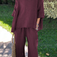 WW | Rosiedress Baumwolle Leinen 3/4 Ärmel Pullover Top Weite Hose Rüschen Saum Set