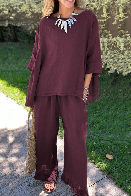 WW | Rosiedress Baumwolle Leinen 3/4 Ärmel Pullover Top Weite Hose Rüschen Saum Set
