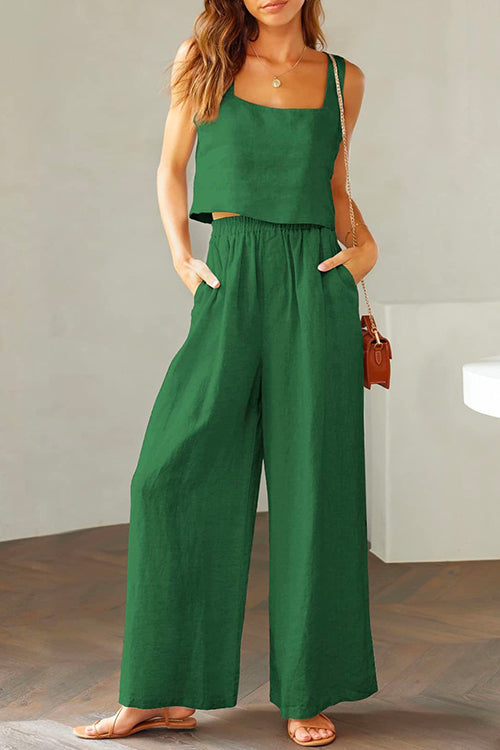 WW | Rosiedress Quadratischer Kragen Cami Crop Top Weite Bein Hose Baumwolle Leinen Set