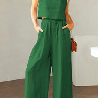 WW | Rosiedress Quadratischer Kragen Cami Crop Top Weite Bein Hose Baumwolle Leinen Set